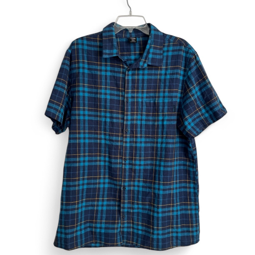 Macpac Men’s Short Sleeve Button Down Shirt Blue Plaid Size XL Organic Cotton